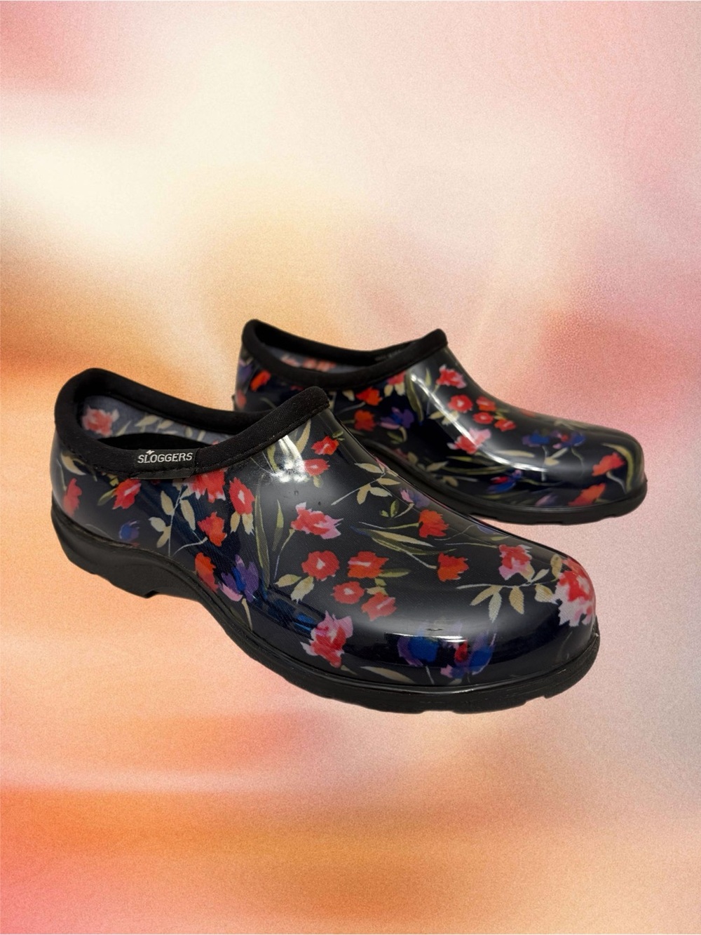 Sloggers Black Floral Garden Clogs with Red and Pink Accents Sz 7